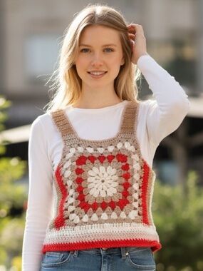 Crochet Square-Front Tank Top in Cream, Beige & Red